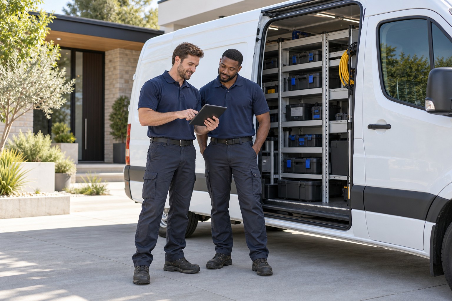 Uniformed service technicians reviewing a tablet beside a clean modern service van
